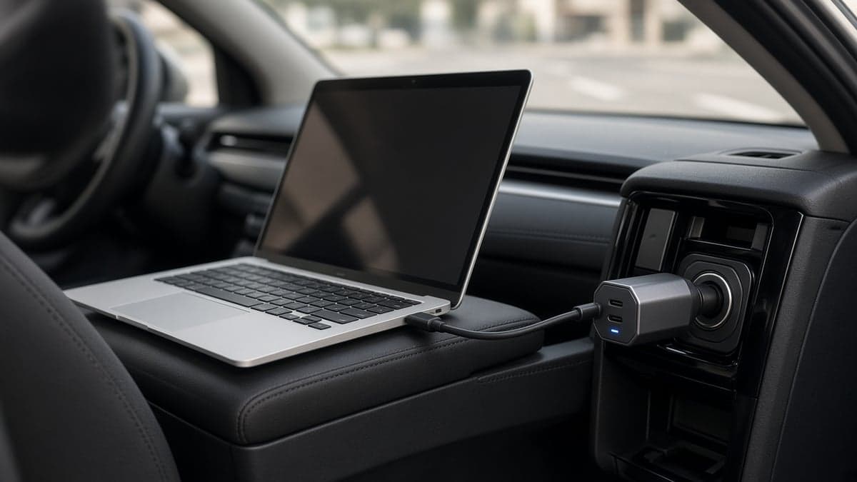 65W USB-C PD car charger charging a laptop in a car